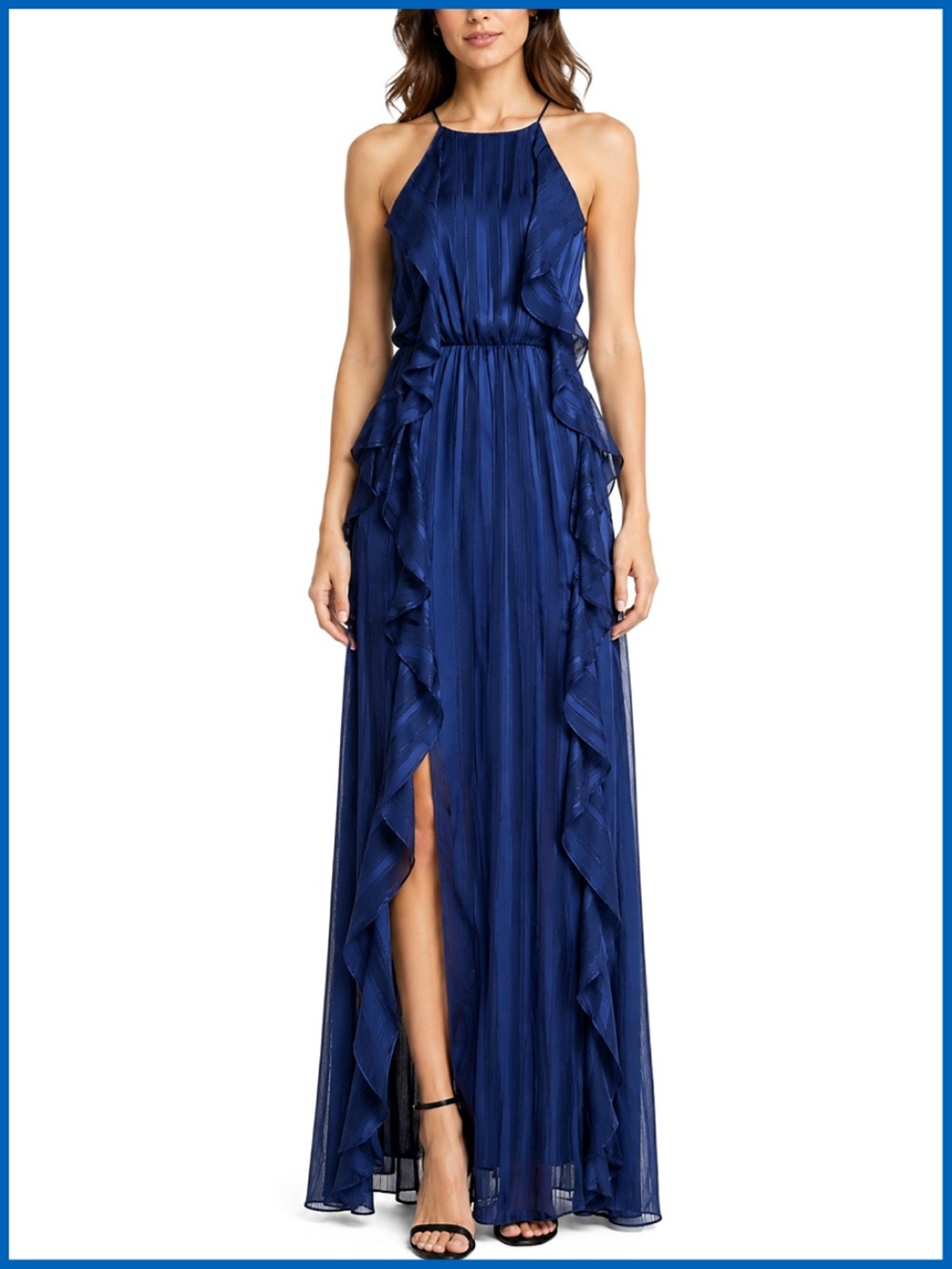 Halston Dark Navy Blue Ruffle Maxi Gown Dress